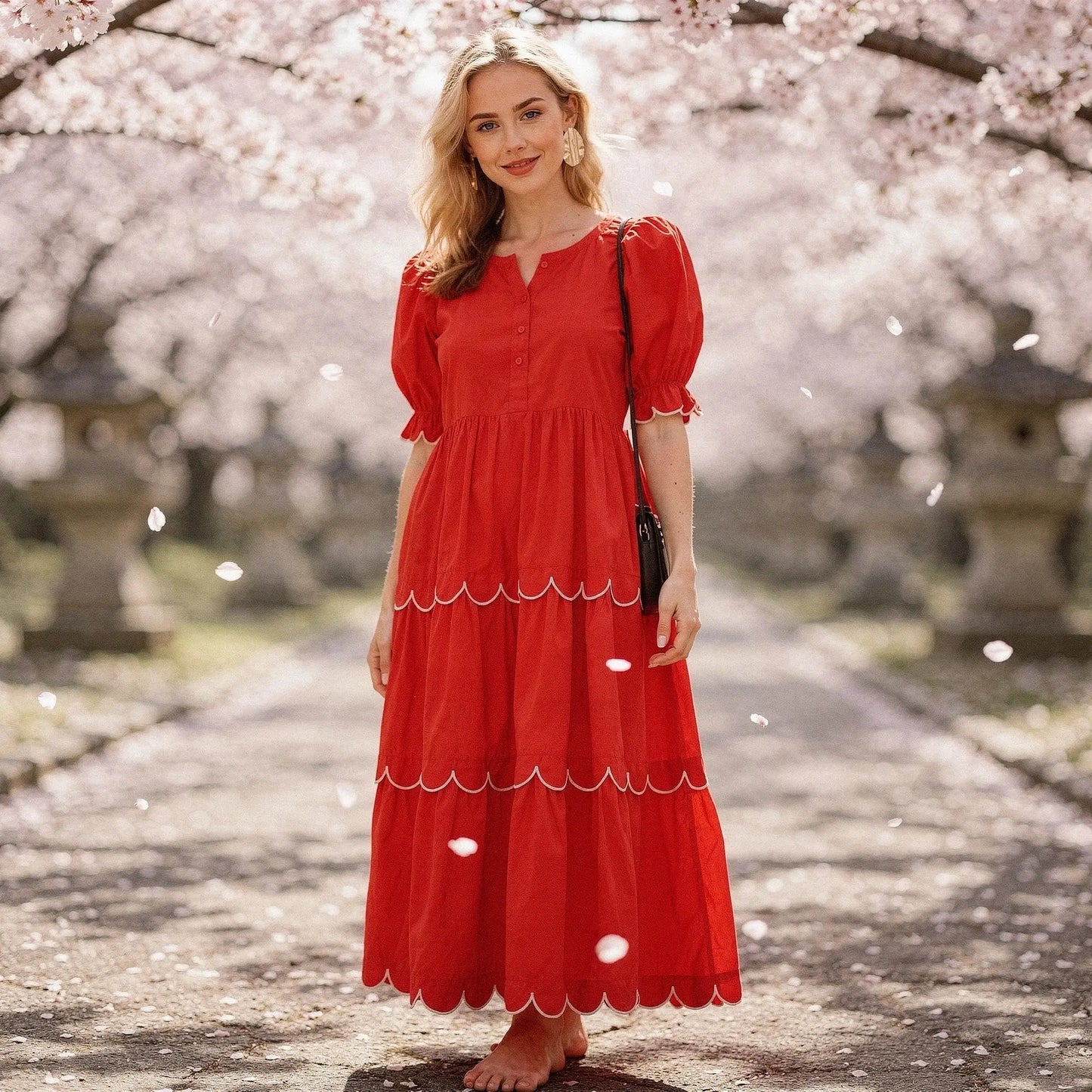 View of a flowy A line midi dress in soft fabric, featuring a round neck and delicate floral pattern in pastel colors