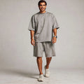 View of a relaxed fit crew neck short sleeve casual sports set in light gray, made