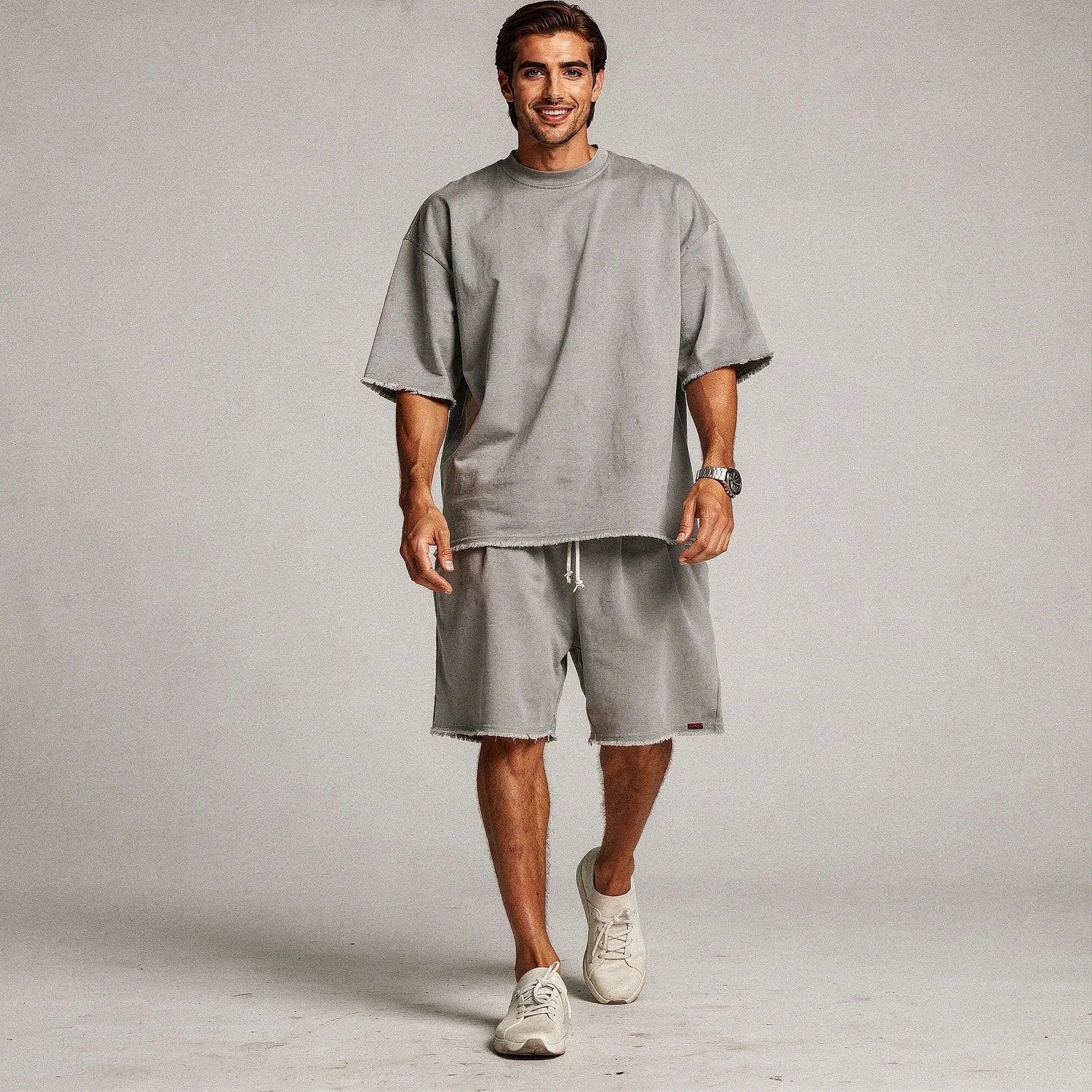 View of a relaxed fit crew neck short sleeve casual sports set in light gray, made