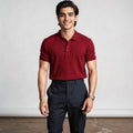 View of a slim fit short sleeve polo t shirt in light blue, made of breathable cotton for summer wear