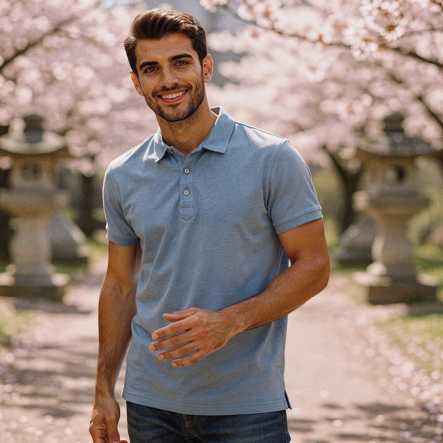 View of a slim fit short sleeve polo shirt in light gray, featuring a V neck and soft cotton material