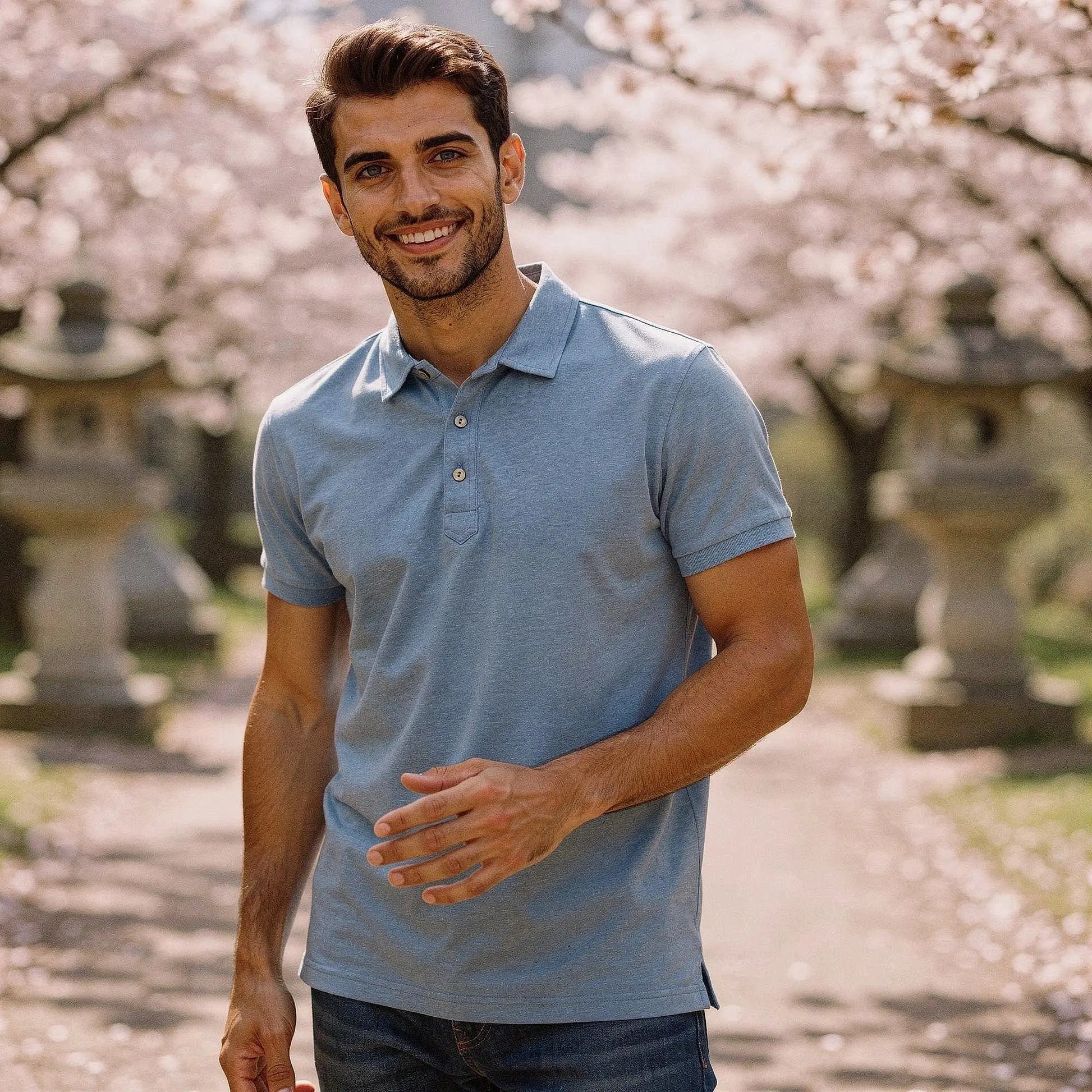 View of a slim fit short sleeve polo shirt in light gray, featuring a V neck and soft cotton material
