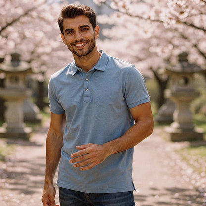 View of a slim fit short sleeve polo shirt in light gray, featuring a V neck and soft cotton material