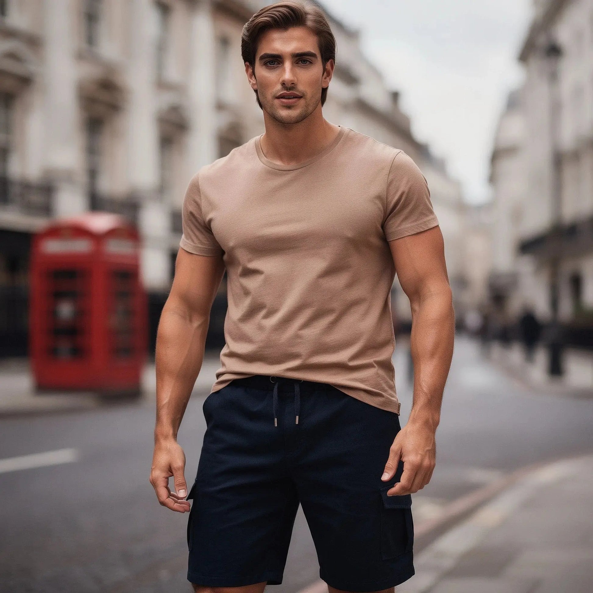 View of relaxed fit baggy cargo shorts in khaki, featuring a drawstring waistband and multiple pockets