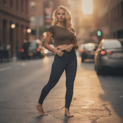 Black high waisted fitted 78 leggings with pockets, made from stretchy material, view showing fabric texture