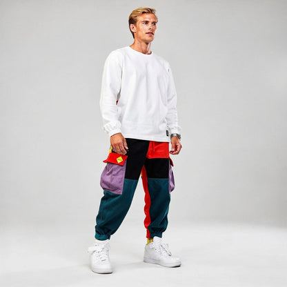 View of gray baggy relaxed fit cargo joggers with drawstring waist and multiple pockets