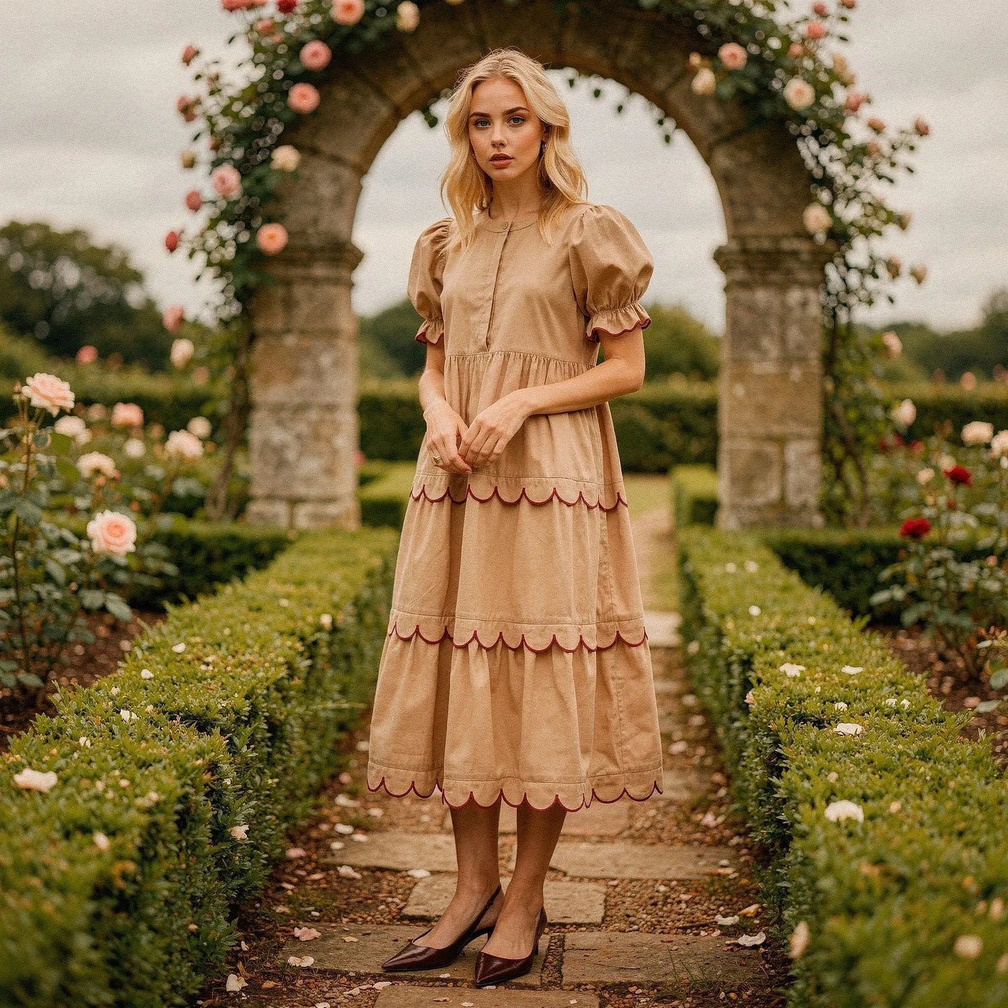 View of a flowy A line midi dress in soft fabric, featuring a round neck and a vibrant floral pattern