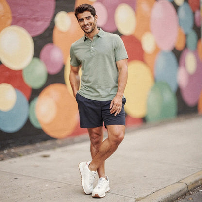 View of a light blue slim fit short sleeve polo shirt featuring a V neck and soft cotton fabric