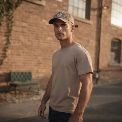 View of a gray men's slim fit crew neck short sleeve casual tee, showcasing soft cotton fabric and clean stitching