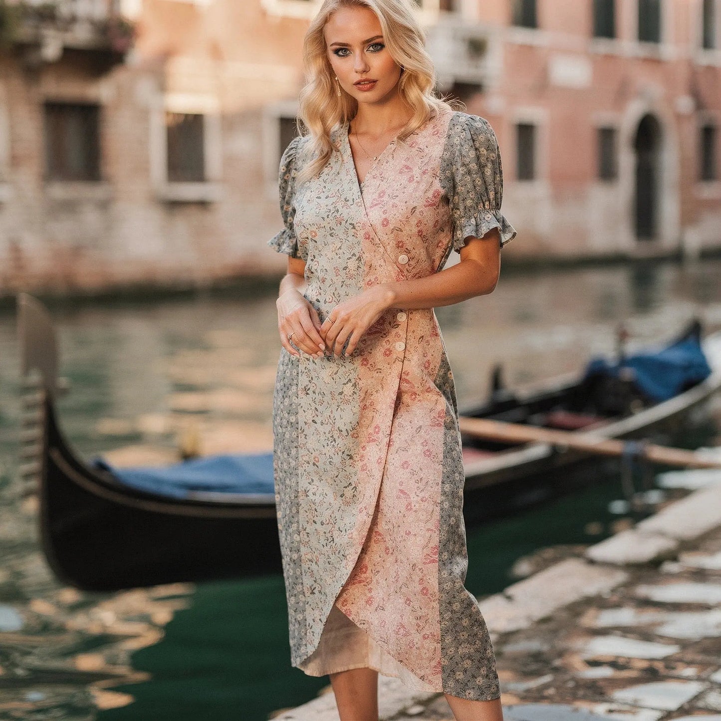 View of a flowy wrap midi dress in soft lavender, featuring puff sleeves and a lightweight fabric