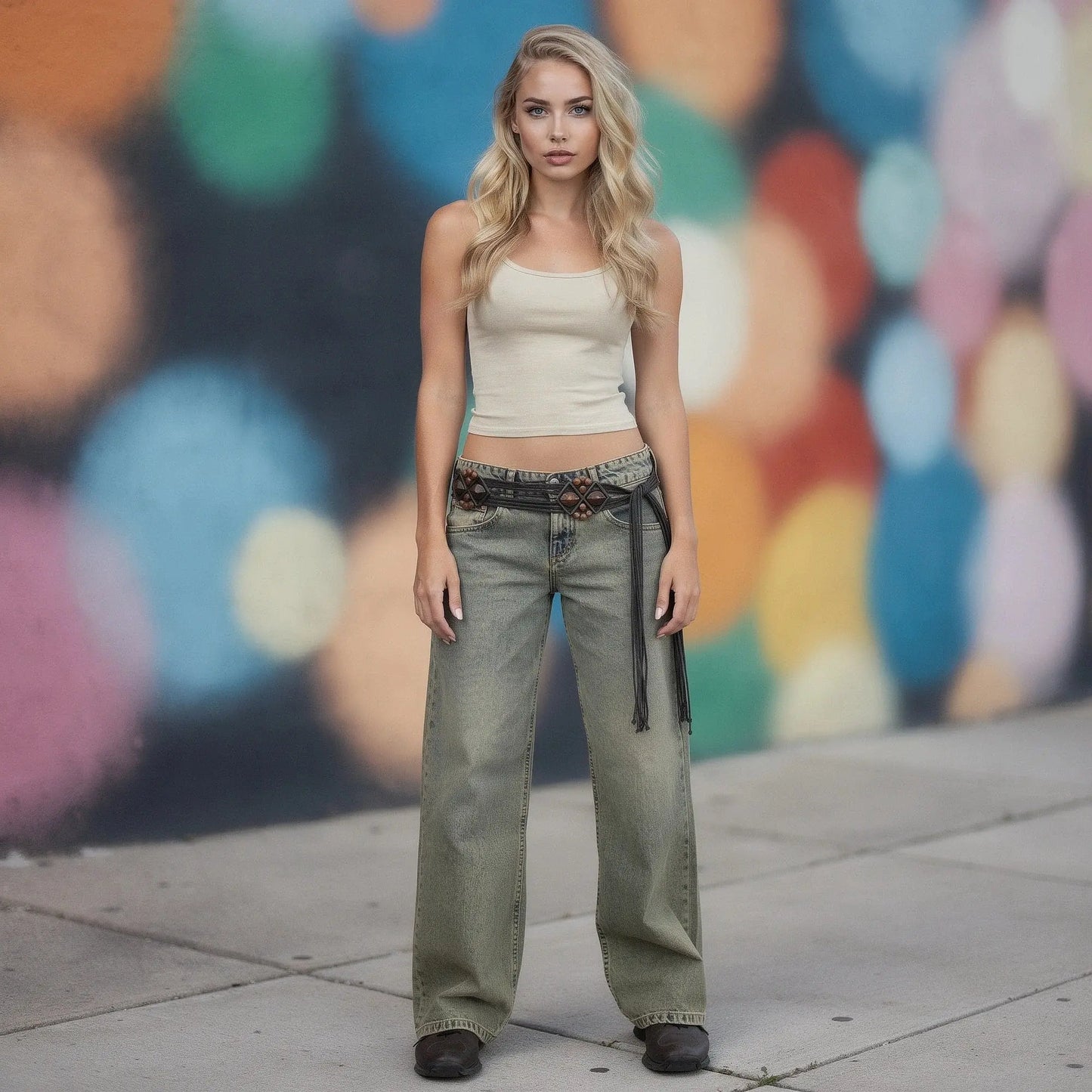 Light blue high waist vintage casual baggy jeans with a relaxed fit, showcasing a detailed view of the fabric and stitching