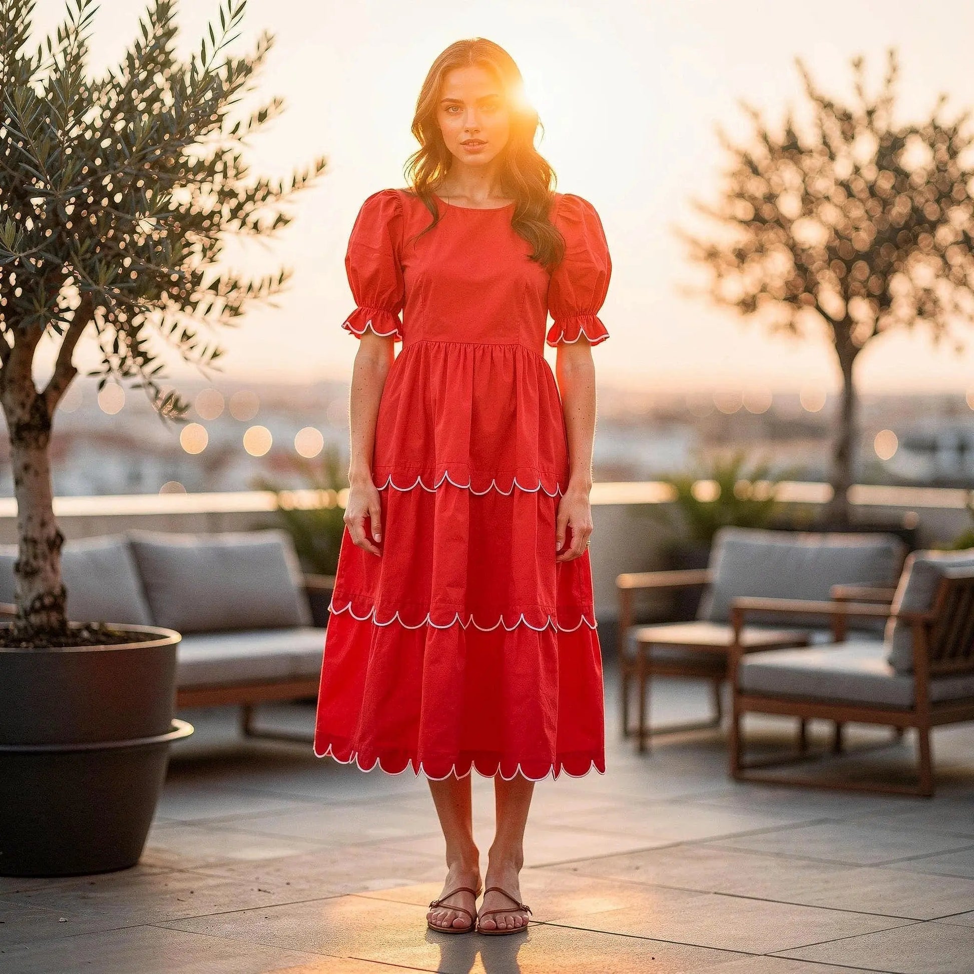View of a flowy A line midi dress in soft fabric, featuring a round neck and a vibrant floral pattern