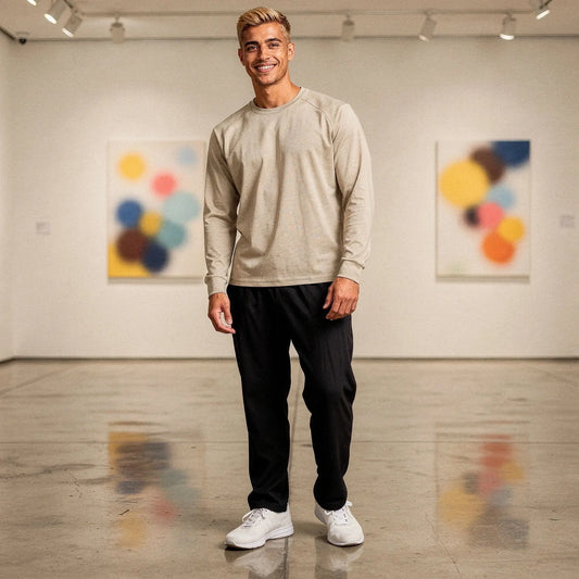View of a relaxed fit crew neck long sleeve casual fitness t shirt in dark gray, made