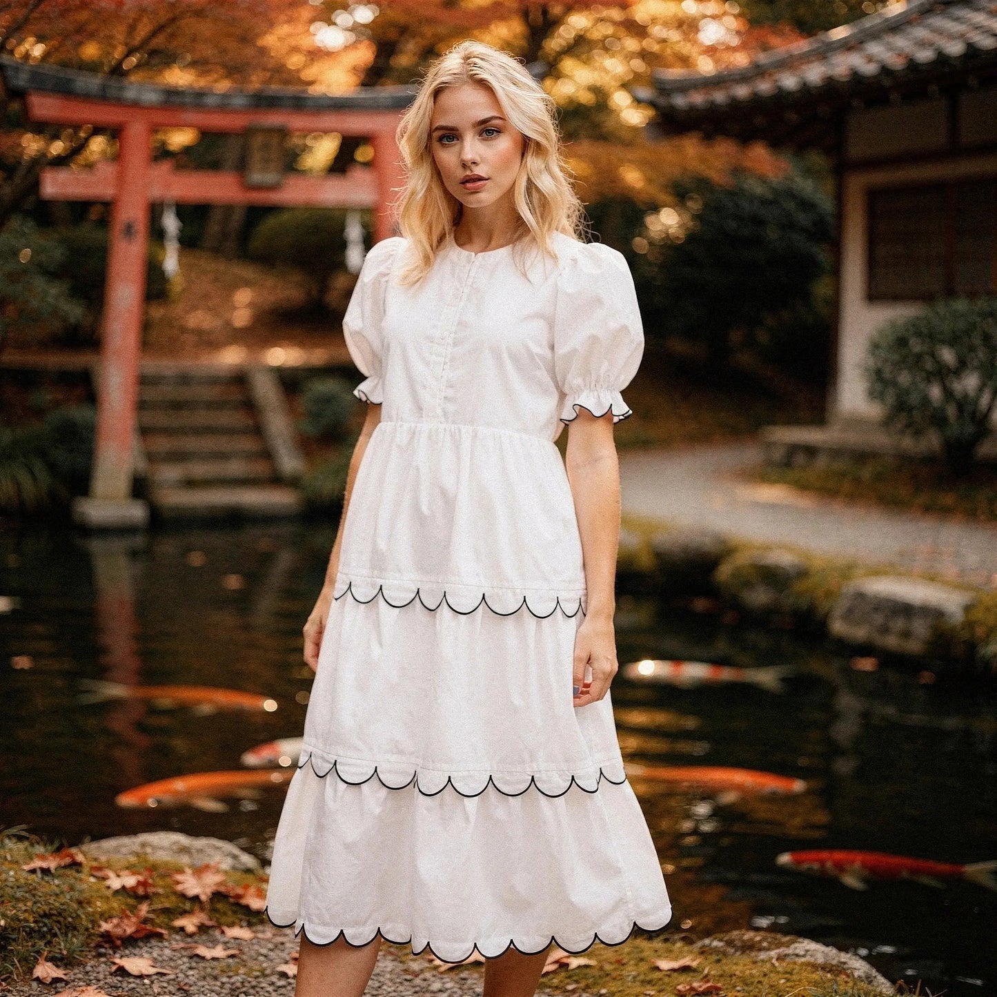 View of a flowy A line midi dress in soft pastel pink, featuring a round neck and lightweight fabric, perfect for summer occasions