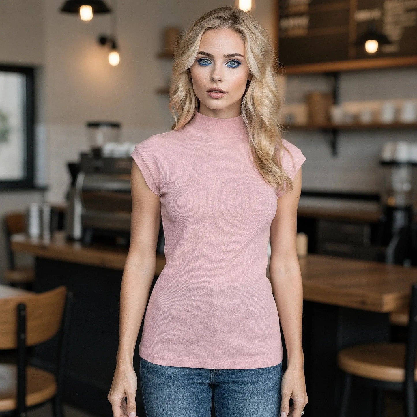 View of a women's slim fit sleeveless turtleneck casual top in soft beige fabric, showcasing the smooth texture and fitted design
