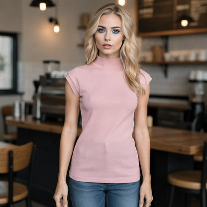 View of a women's slim fit sleeveless turtleneck casual top in soft beige fabric, showcasing the smooth texture and fitted design