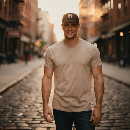 View of a slim fit crew neck short sleeve casual tee in light gray cotton fabric