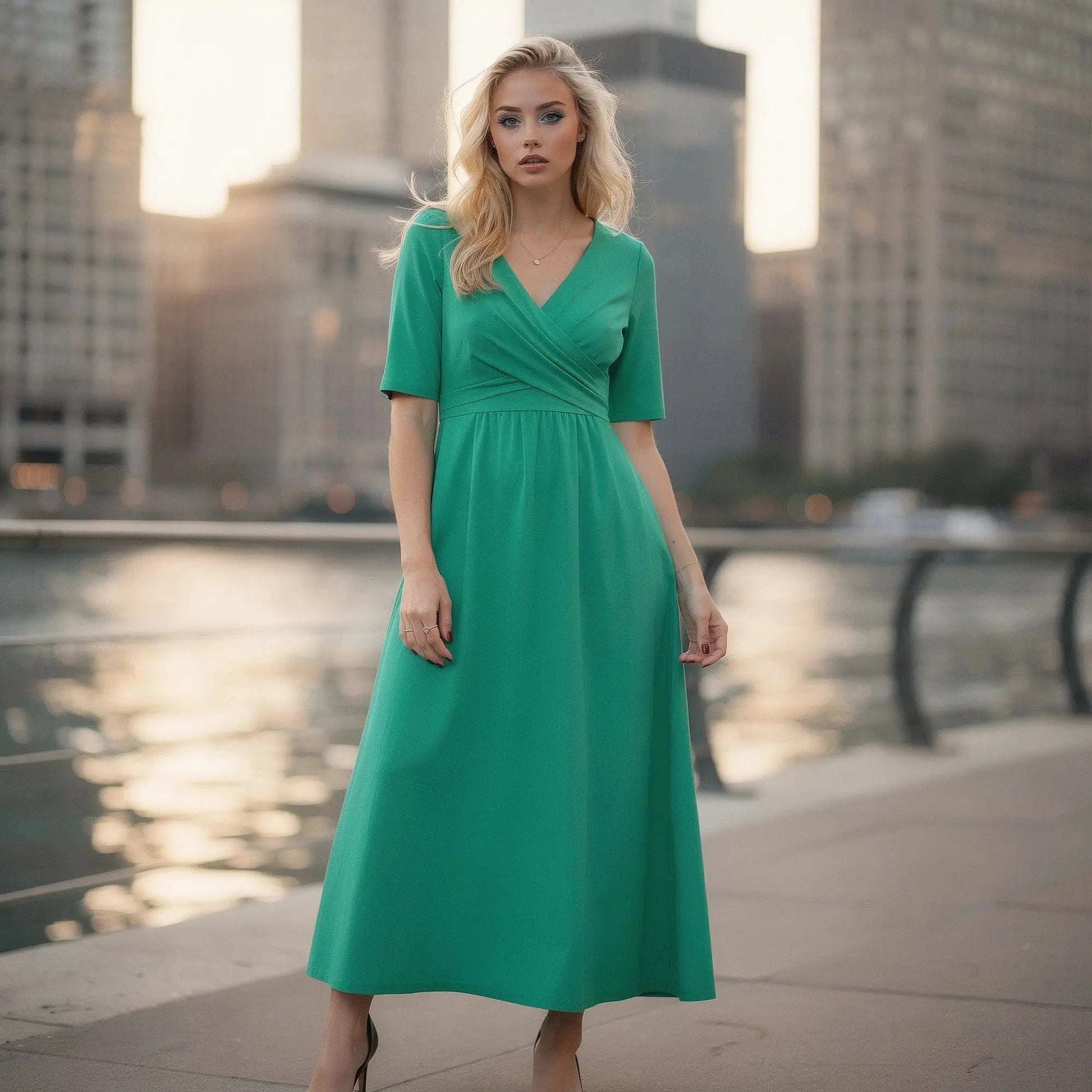 Elegant black midi dress featuring a slim fit and V neckline, showcasing delicate fabric and a flattering silhouette