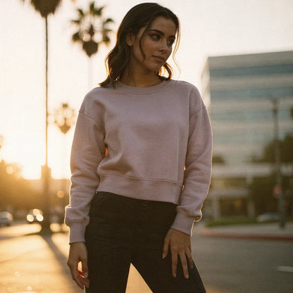 Light gray relaxed fit crew neck sweatshirt with long sleeves and soft fabric, view showcasing stitching and texture