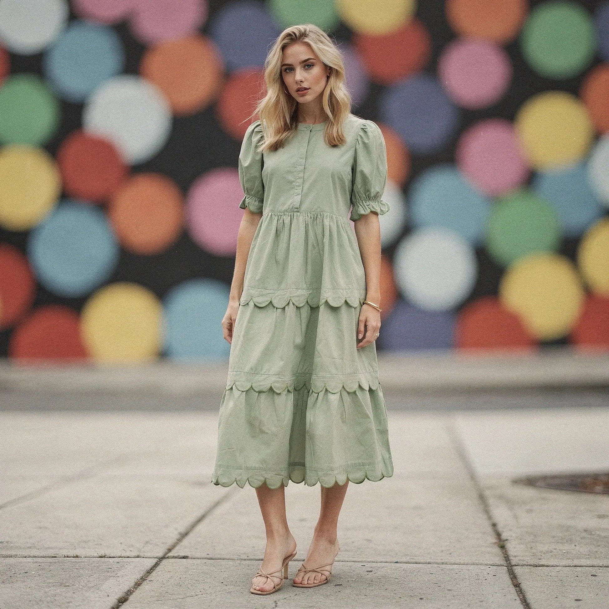 View of a flowy A line midi dress in soft fabric, featuring a round neck and vibrant floral pattern