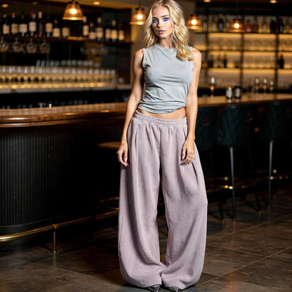 View of relaxed fit high waist wide leg baggy pants in soft fabric, featuring a comfortable and casual design