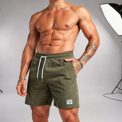 View of relaxed fit drawstring corduroy summer shorts in light beige, featuring a comfortable waistband and pockets