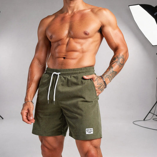 View of relaxed fit drawstring corduroy summer shorts in light beige, featuring a comfortable waistband and pockets