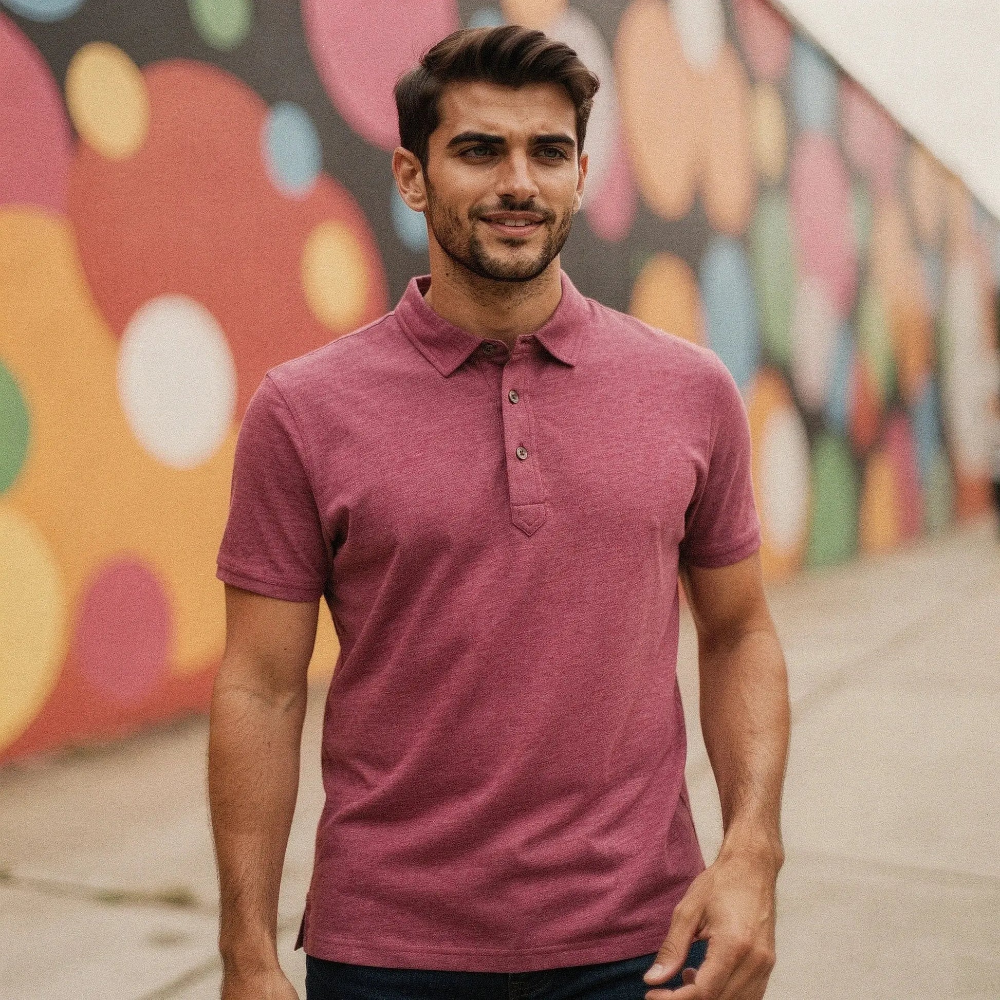 View of a slim fit short sleeve polo shirt in light gray, featuring a V neck and soft cotton material