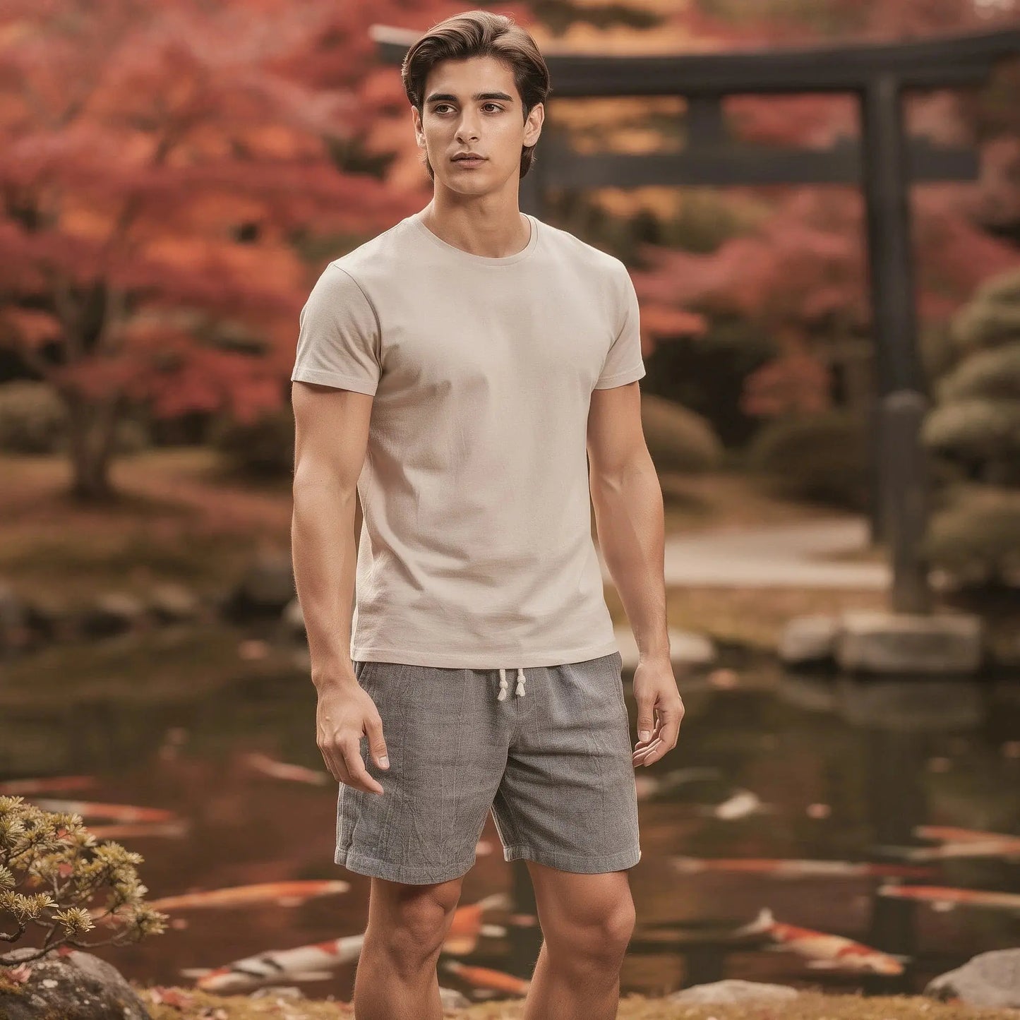 View of relaxed fit linen shorts in light beige with a drawstring waist and knee length cut, ideal for summer wear