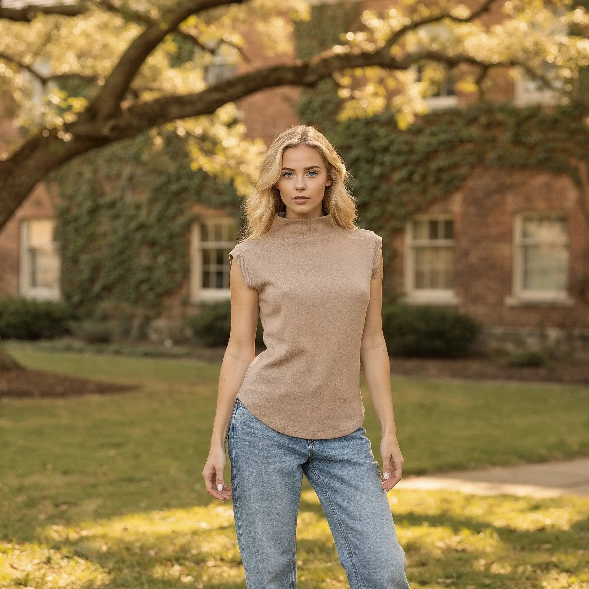 Light gray sleeveless turtleneck top in a slim fit, featuring a soft knit material and a casual style, view