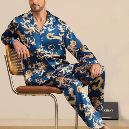 View of relaxed fit long sleeve silk pajamas set in soft navy blue, featuring a notch collar and elegant sheen