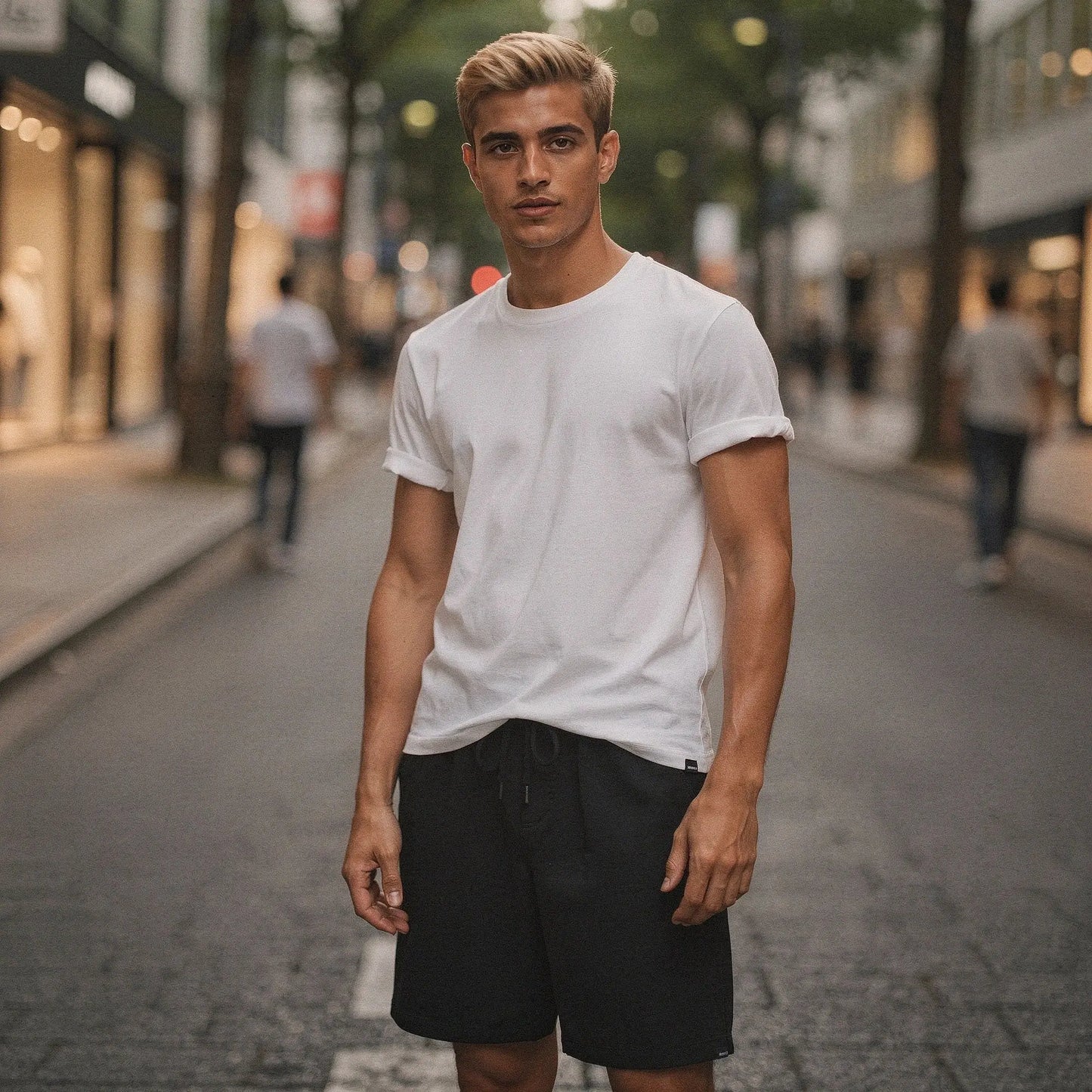 View of a relaxed fit short sleeve casual summer t shirt and shorts set in light gray cotton fabric, showcasing stitching and pocket details
