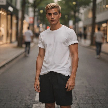 View of a relaxed fit short sleeve casual summer t shirt and shorts set in light gray cotton fabric, showcasing stitching and pocket details