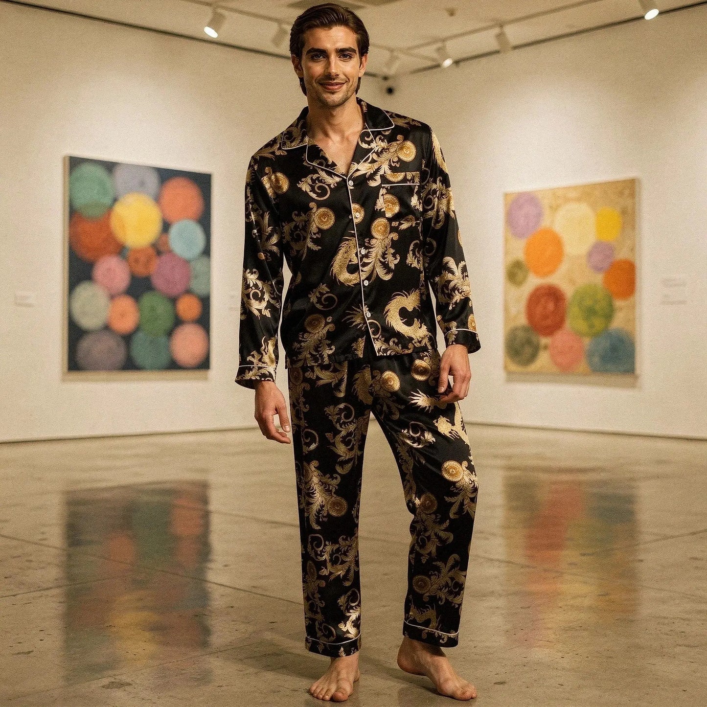 View of relaxed fit long sleeve silk pajamas set in deep navy with notch collar and contrasting piping