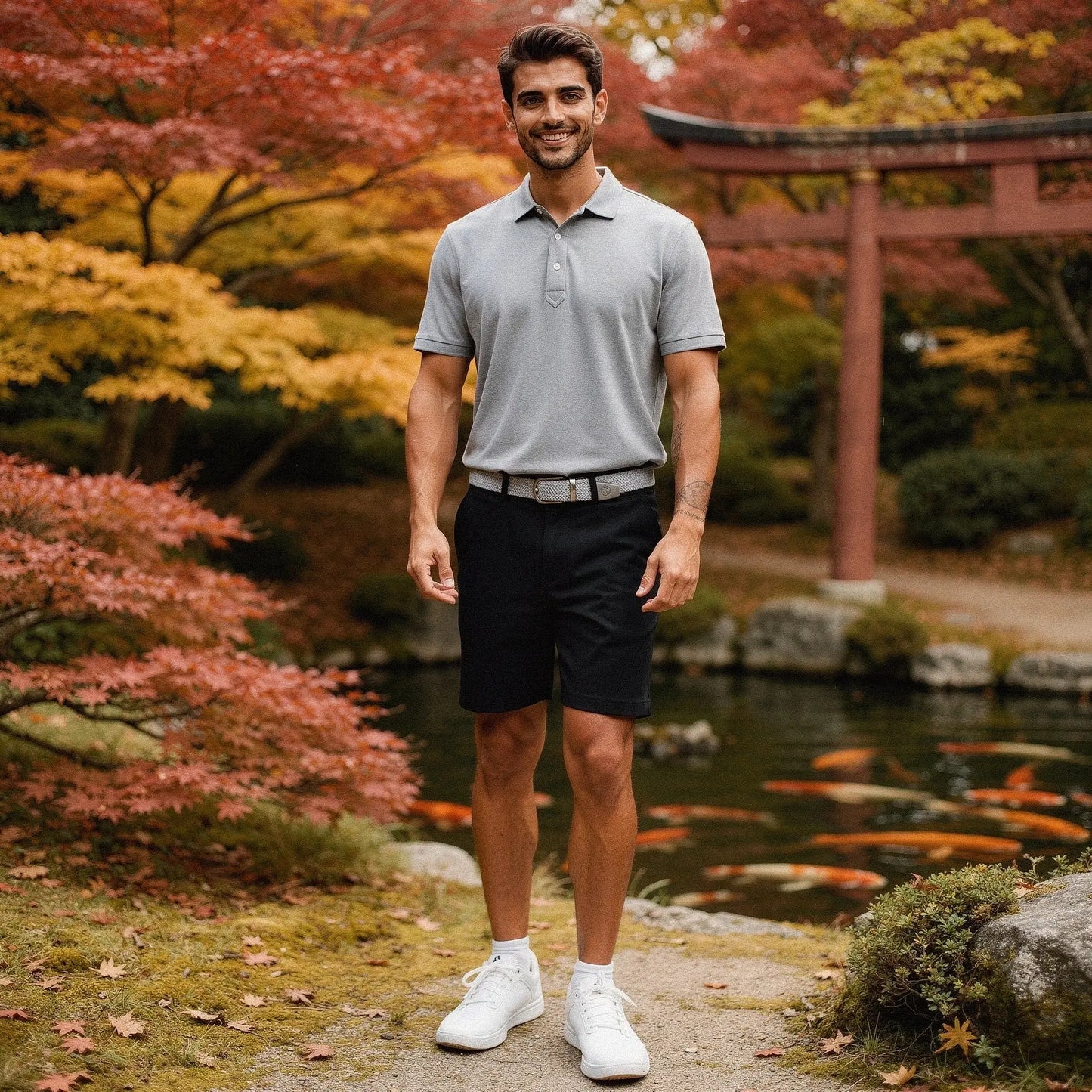 View of a slim fit short sleeve polo shirt in light gray, featuring a V neck and soft cotton material