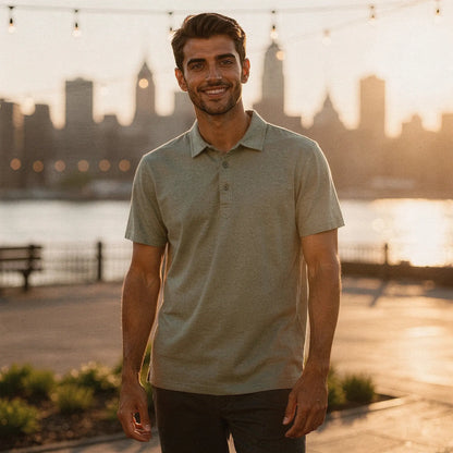 View of a slim fit short sleeve v neck polo shirt in light gray, featuring a soft cotton blend material