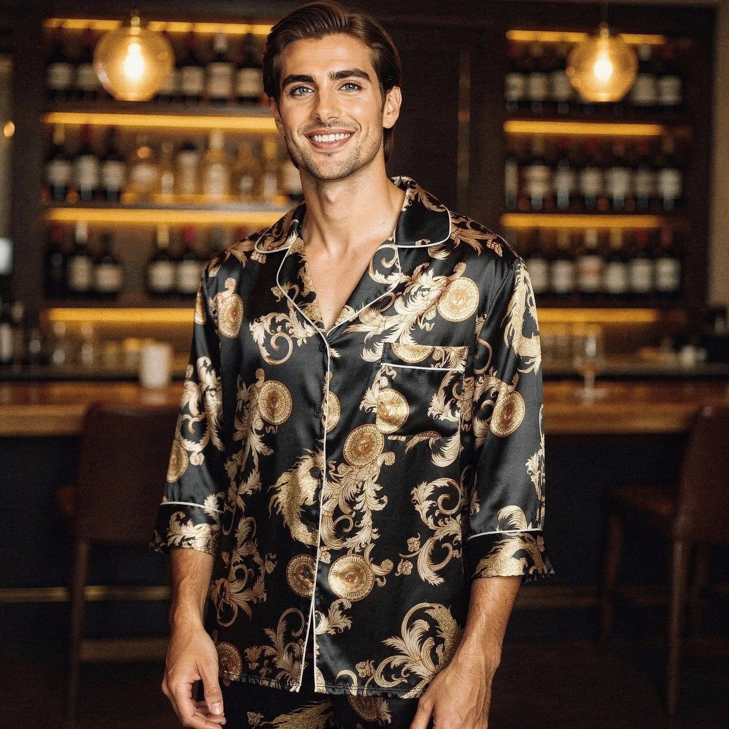 View of relaxed fit long sleeve silk pajamas set in deep navy, featuring a notch collar and soft fabric texture