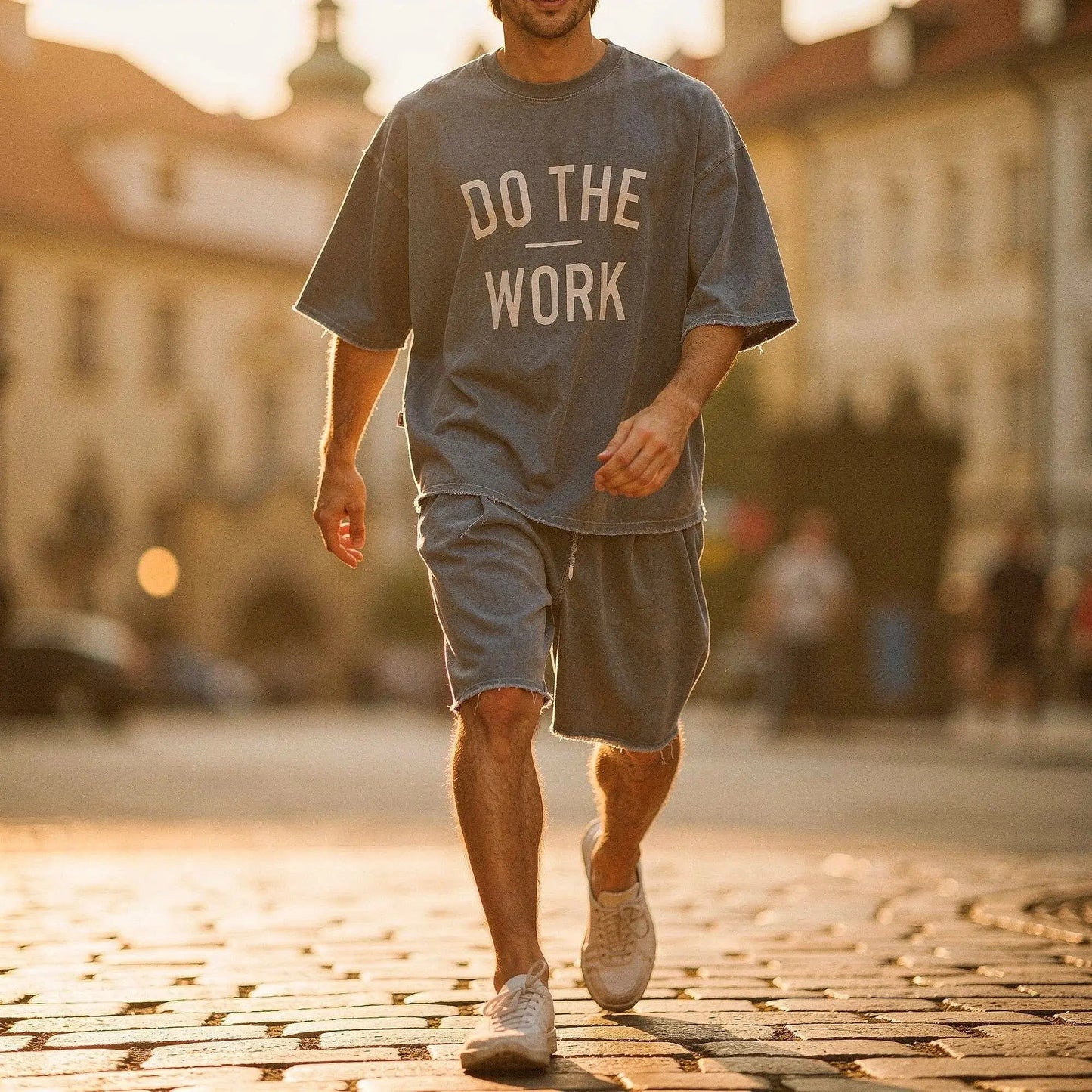 View of a relaxed fit crew neck short sleeve sports set in light gray, showcasing soft cotton material and comfortable stitching