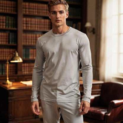 View of slim fit long sleeve crew neck long johns in dark gray, showcasing soft fabric and comfortable fit