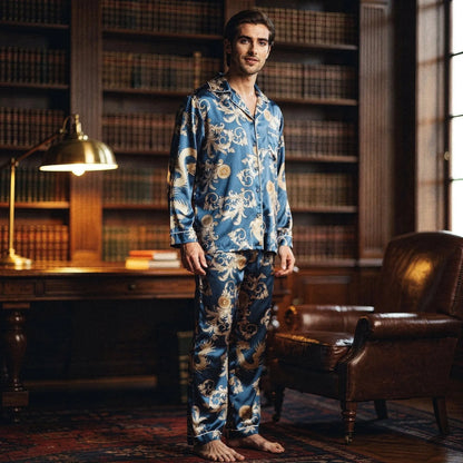 View of relaxed fit long sleeve silk pajamas set in deep navy blue, featuring a notch collar and smooth fabric texture
