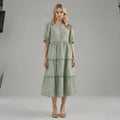 View of a flowy A line midi dress in soft fabric, featuring a round neck and short sleeves, perfect for summer occasions