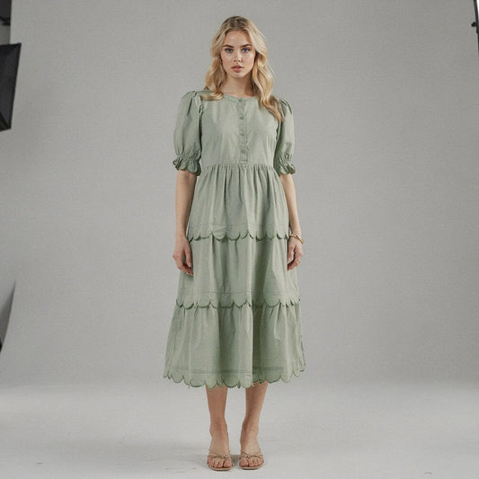 View of a flowy A line midi dress in soft fabric, featuring a round neck and short sleeves, perfect for summer occasions