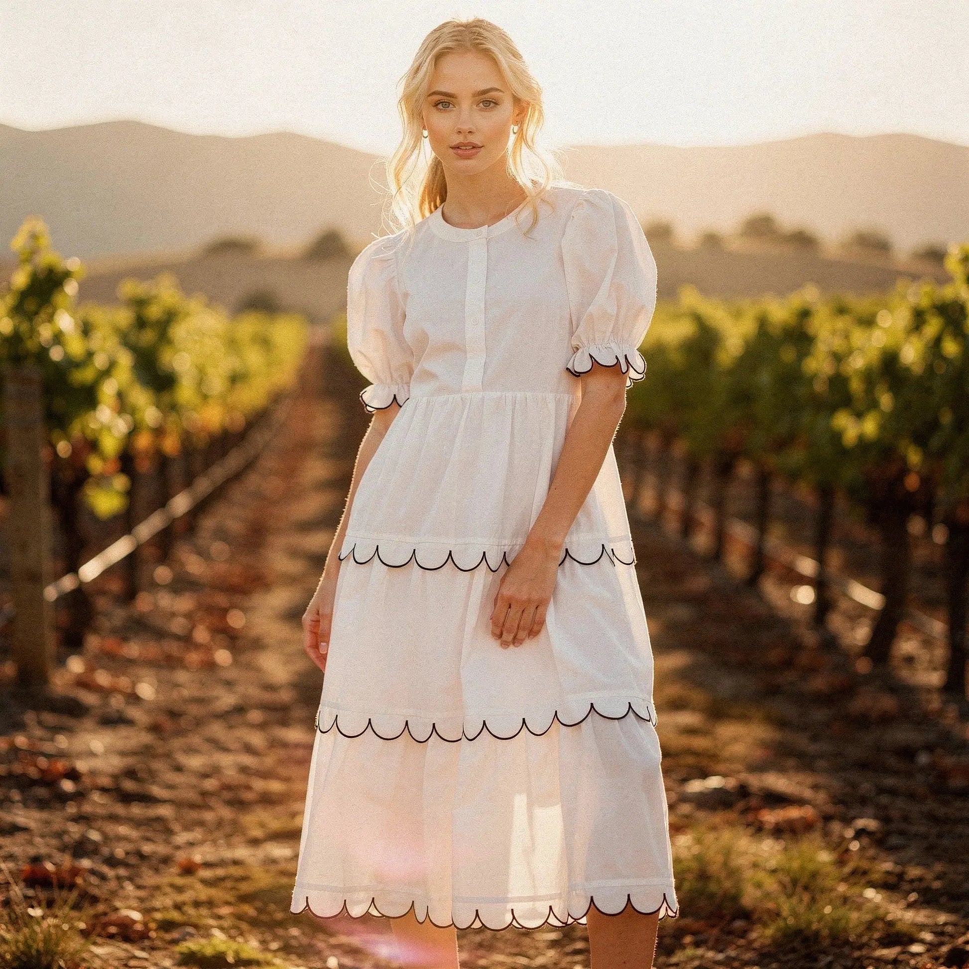 View of a flowy A line midi dress in soft fabric, featuring a round neck and vibrant floral pattern, perfect for summer occasions