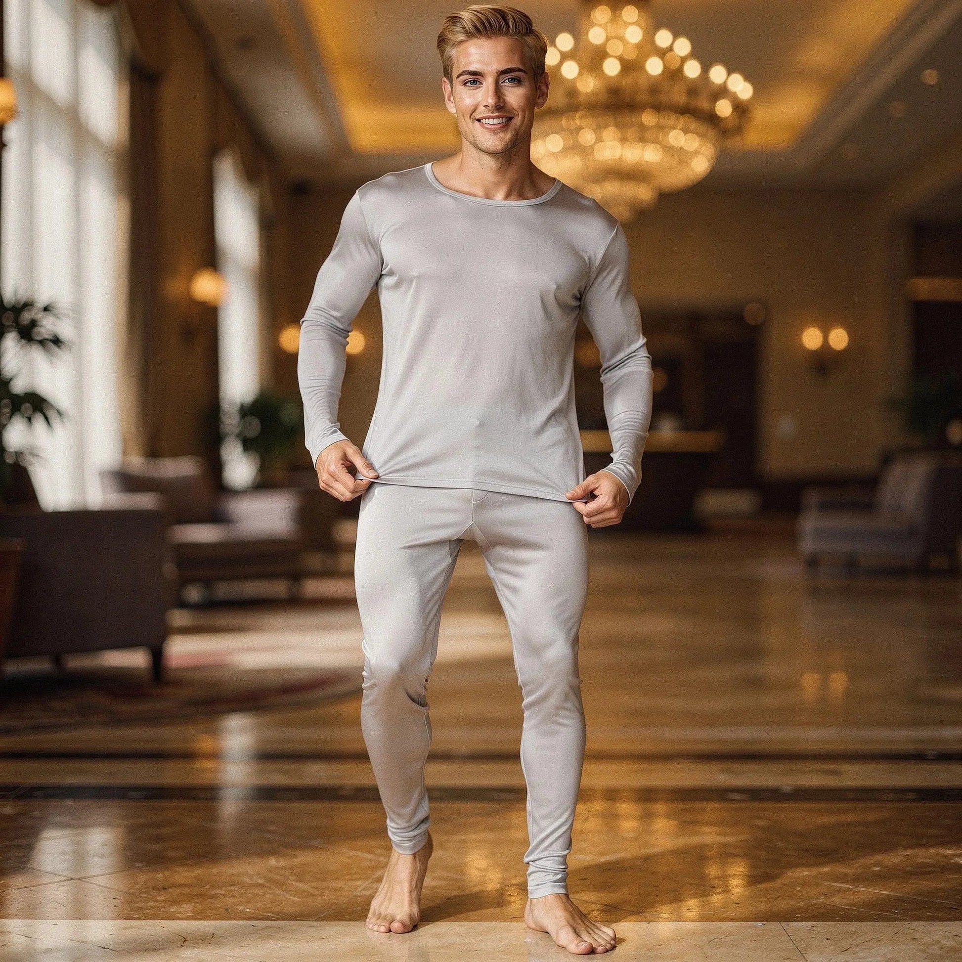 View of slim fit long sleeve crew neck long johns in dark gray, featuring a soft cotton blend material