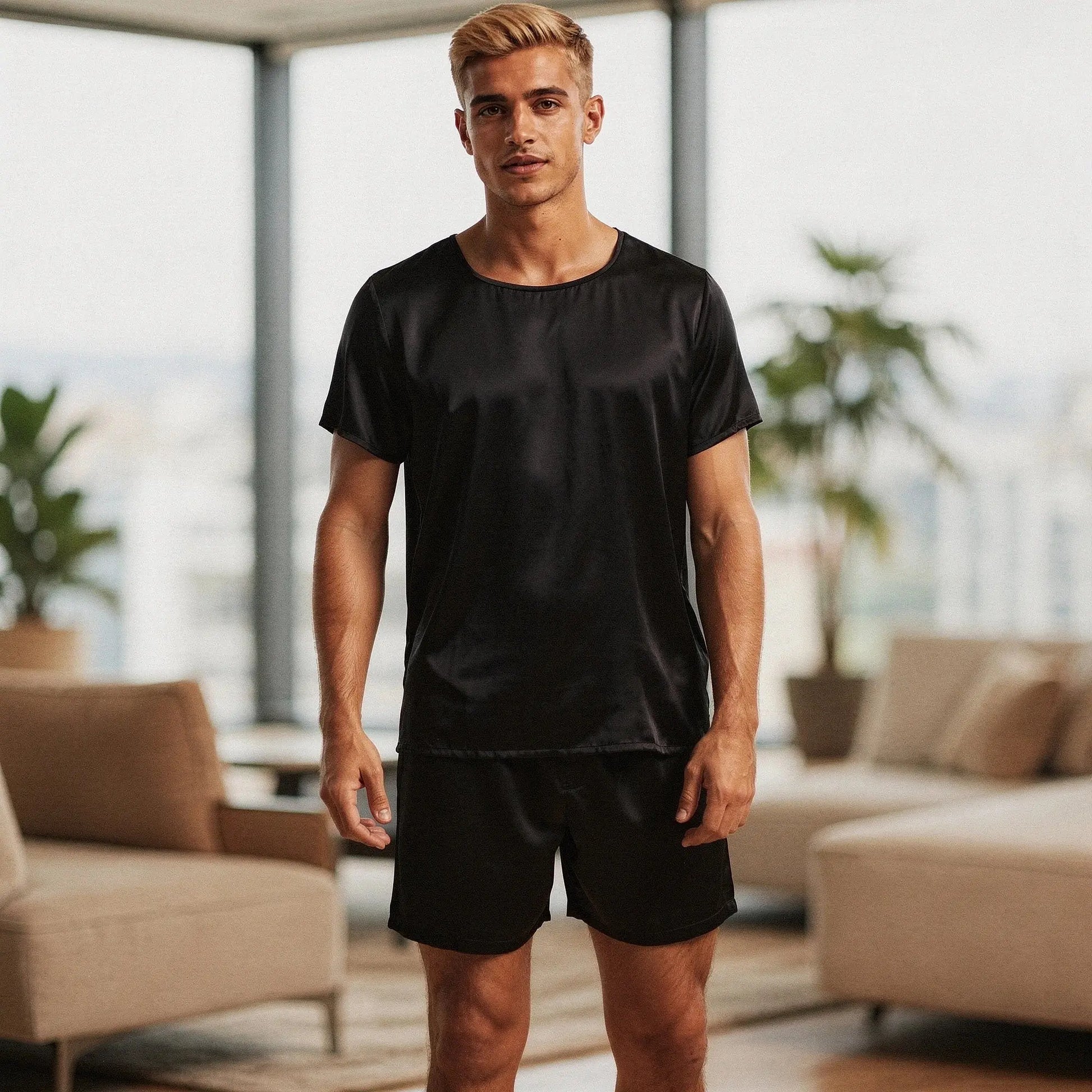 Light gray short sleeve pajamas set featuring a round neck and comfortable shorts, view showing fabric texture