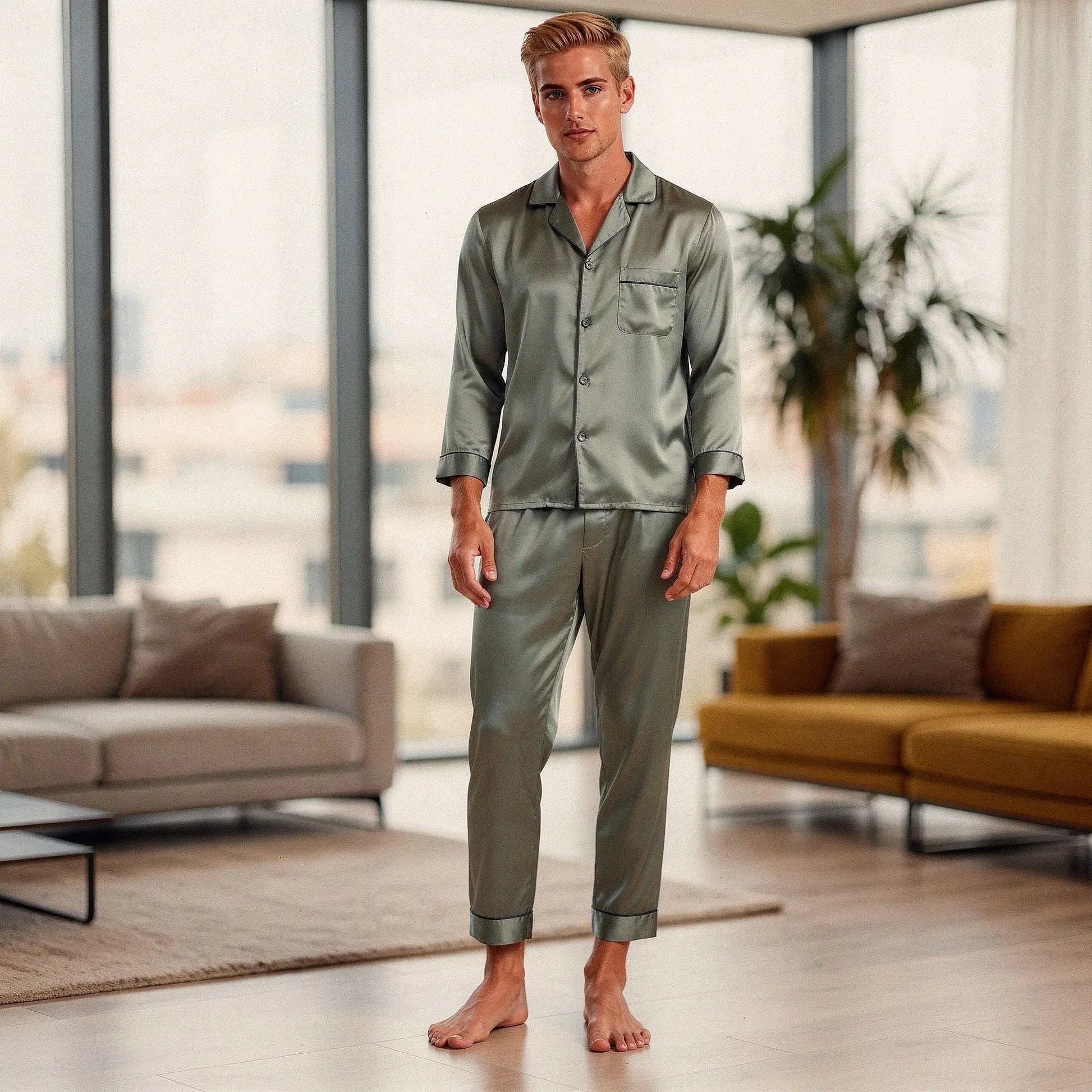 View of a relaxed fit long sleeve pajama set in pure silk, featuring a notch collar and soft, smooth texture