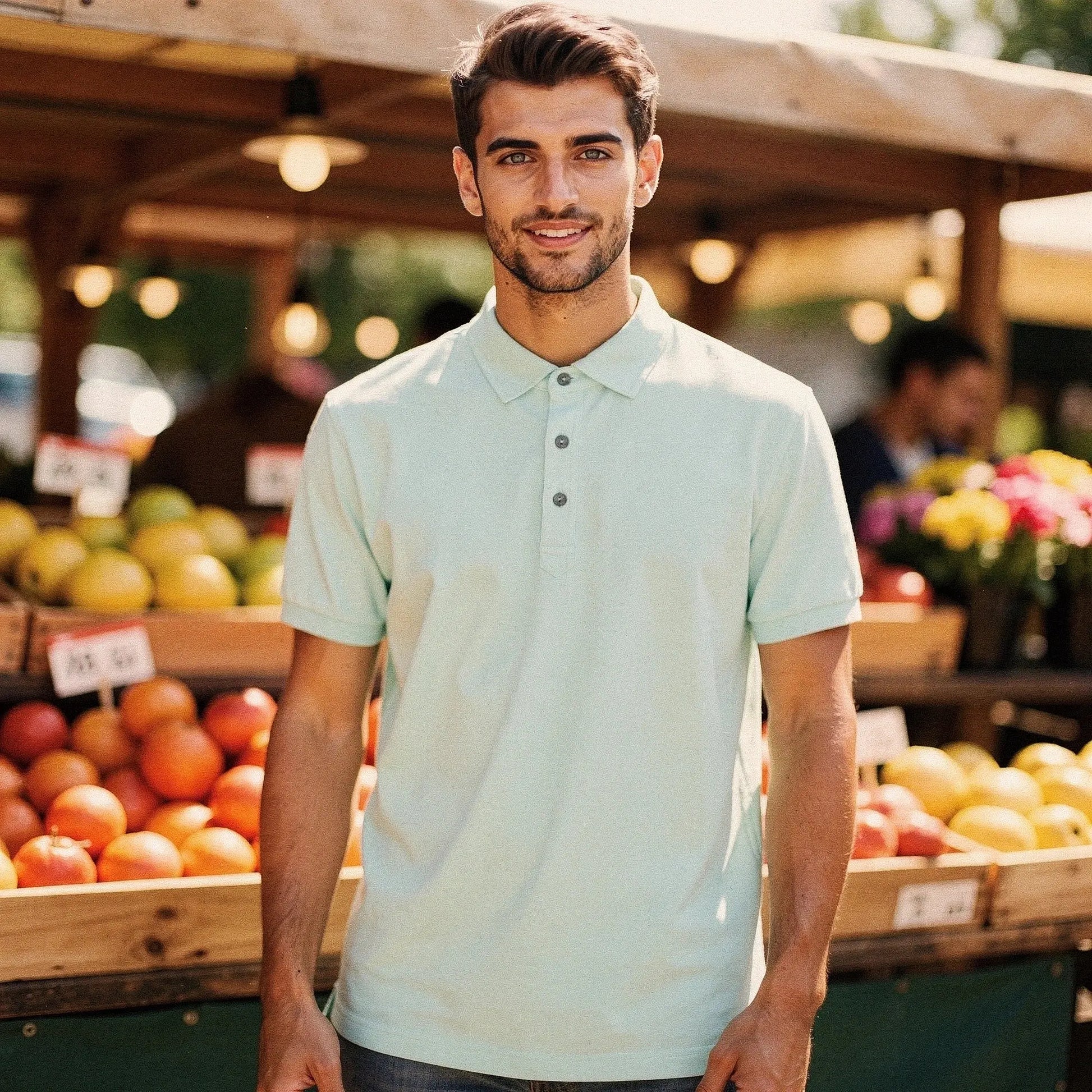 View of a light gray slim fit short sleeve polo shirt featuring a V neck and soft cotton material