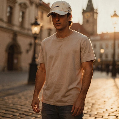 View of a relaxed fit crew neck long sleeve casual t shirt in soft cotton, featuring a classic navy blue color