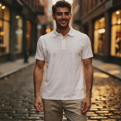 Slim fit short sleeve polo shirt in light gray, featuring a V neck and soft cotton material, view