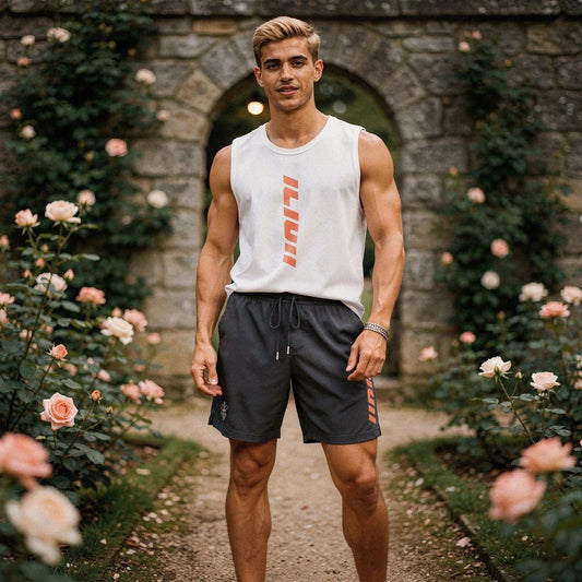 View of a relaxed fit short sleeve crew neck t shirt and matching jogging shorts set in light gray cotton fabric
